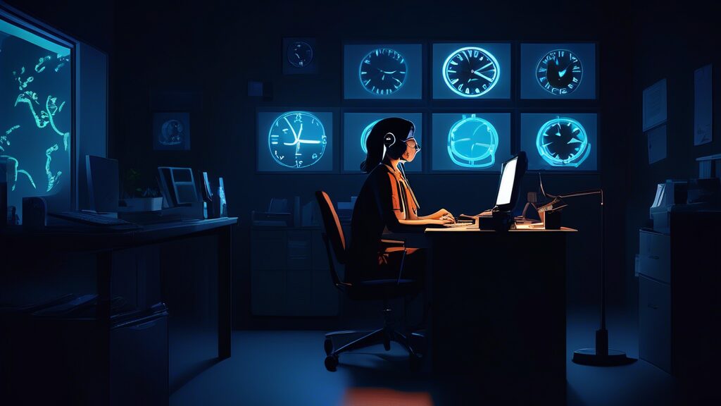 ## DALL-E Prompt Options for After-Hours Support Options:nn**Option 1 (Literal):** A lone customer service representative working at their desk in a dark office, illuminated by the glow of their compu