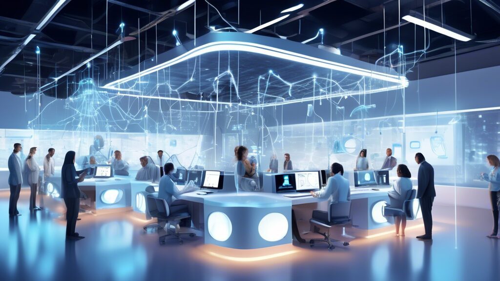 ## DALL-E Prompt Ideas for Automating the Contact Center:nn**Option 1 (Literal):**nn> A futuristic contact center with robots and AI assisting customers on screens and phones, with human supervisors o