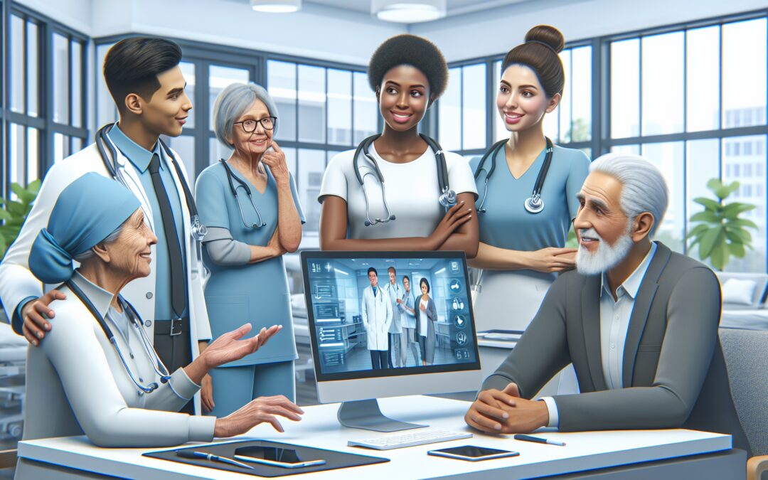 An efficient, modern healthcare clinic with a digital medical answering service in operation, depicted as a serene and professional environment. The image shows healthcare staff engaging warmly with p