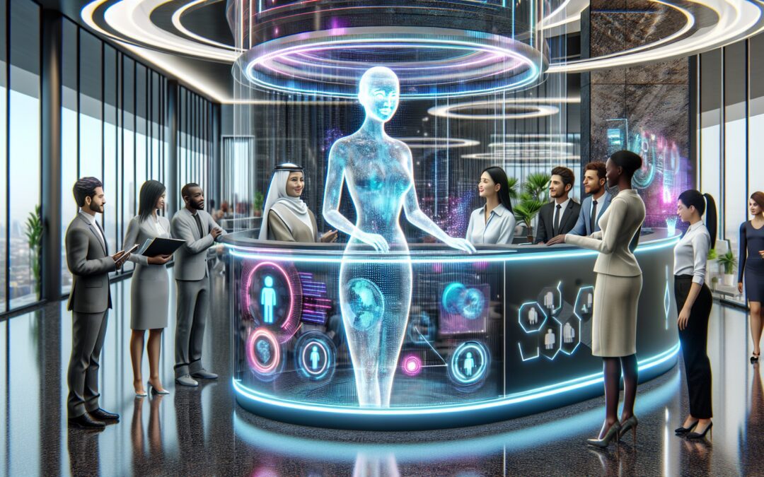 An image of a futuristic office lobby with a holographic virtual receptionist smiling and assisting diverse clients in a modern, tech-savvy environment, displaying digital files floating around her an