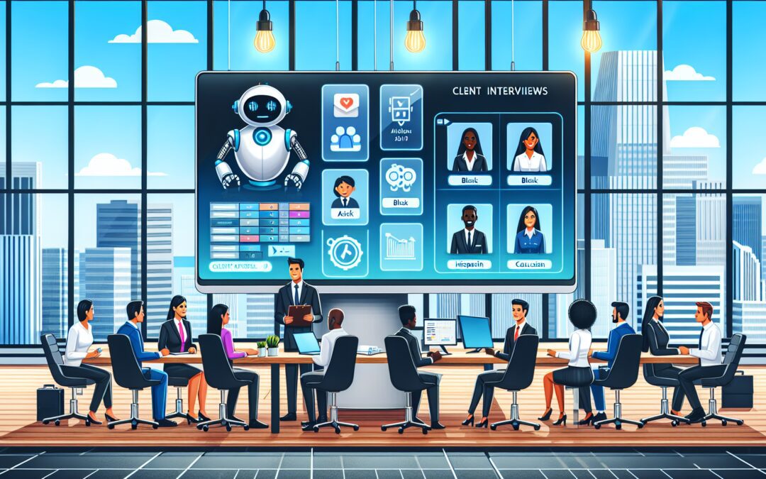 A digital artwork of a modern, well-lit office with diverse professionals using advanced technology to conduct client interviews, with a large monitor displaying an efficient scheduling system and a f