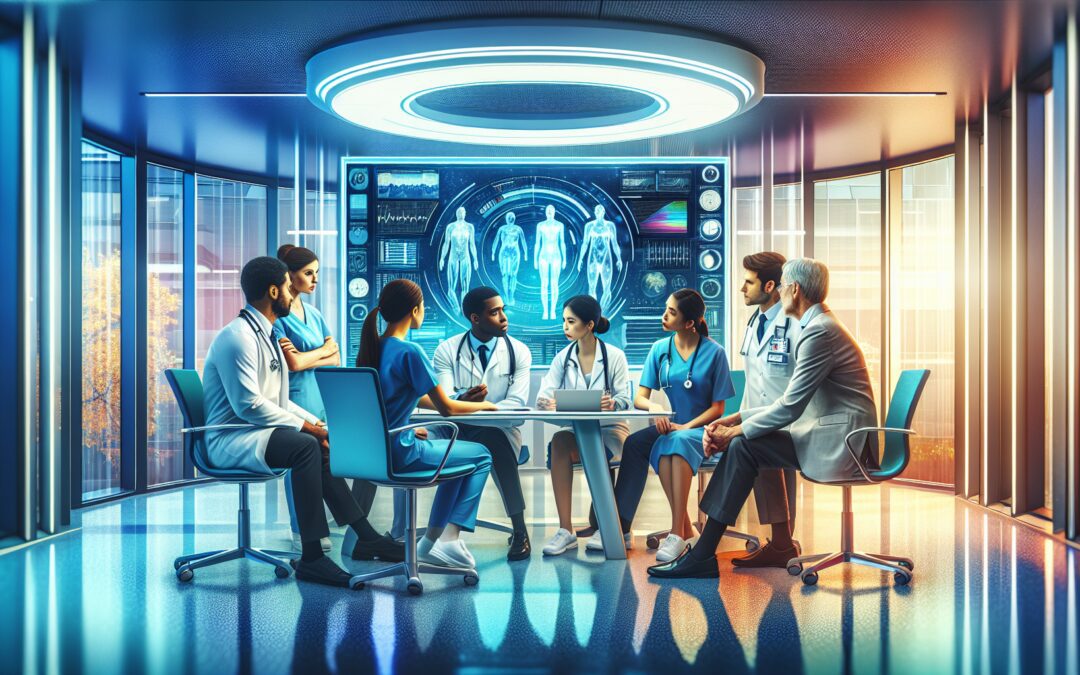 A digital painting of a modern hospital consultation room with a diverse group of medical professionals, including doctors and nurses, discussing around a high-tech holographic display showing patient