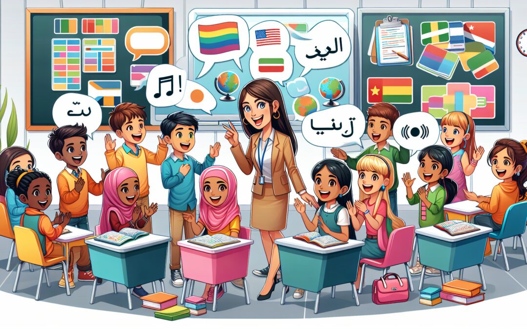 An enthusiastic classroom scene with diverse students joyfully interacting with each other, some using sign language, others speaking different languages, with colorful bilingual educational materials