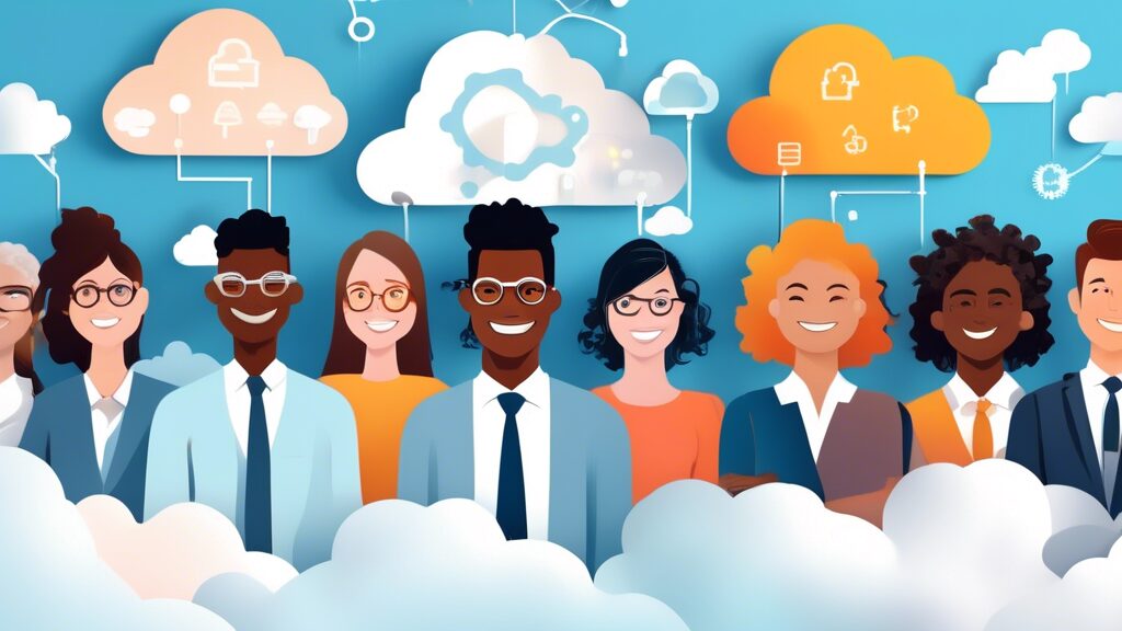 ## DALL-E Prompt Ideas for Embracing the Cloud: Solutions for Modern Businesses:nn**Option 1 (Literal):**nn> A group of diverse business people of various ethnicities smiling and looking upwards towar