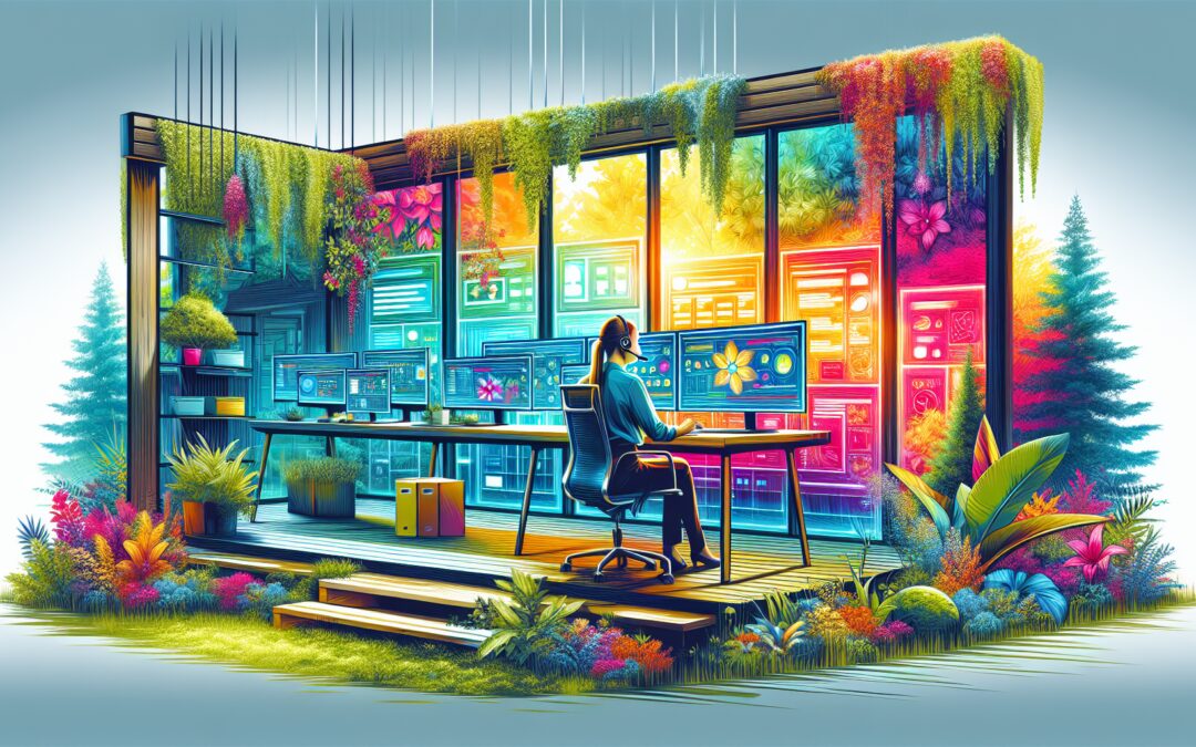 An imaginative digital painting showing a serene, high-tech home office with large windows overlooking a lush garden. The office is equipped with multiple screens displaying calls and data analytics,