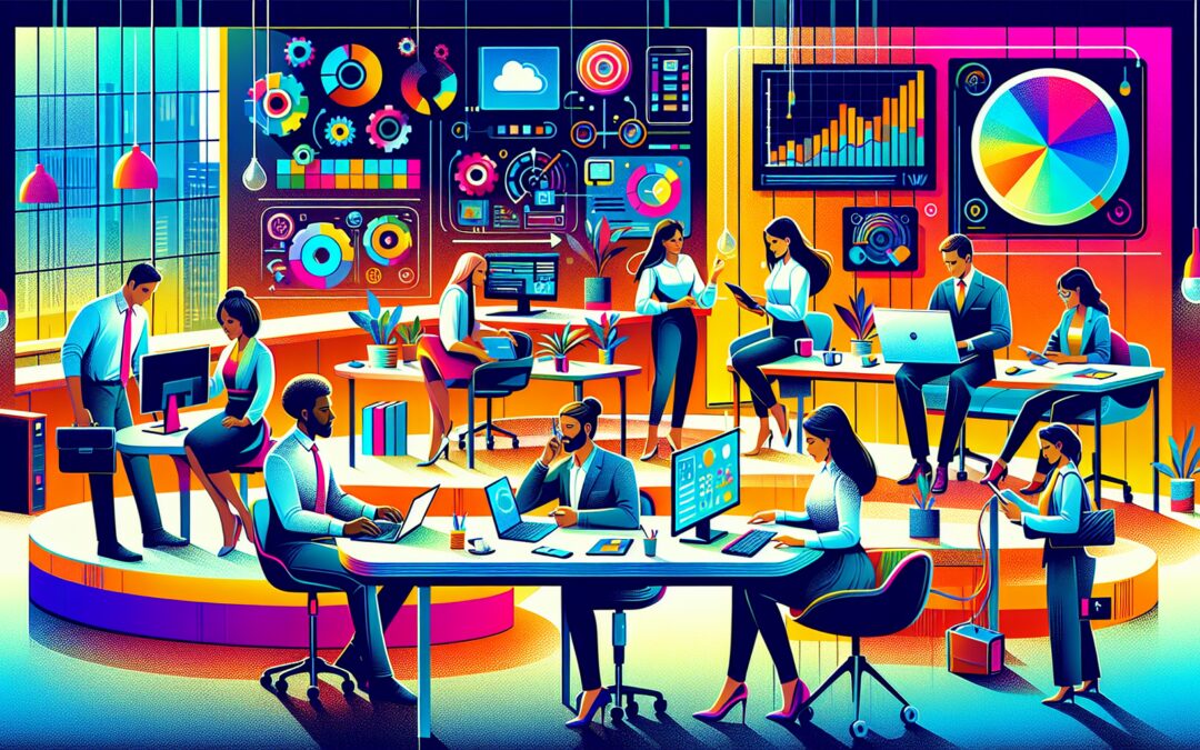 An artistic representation of a diverse group of professionals using various modern tools like digital calendars, apps, and smart devices to efficiently manage and schedule appointments in a brightly