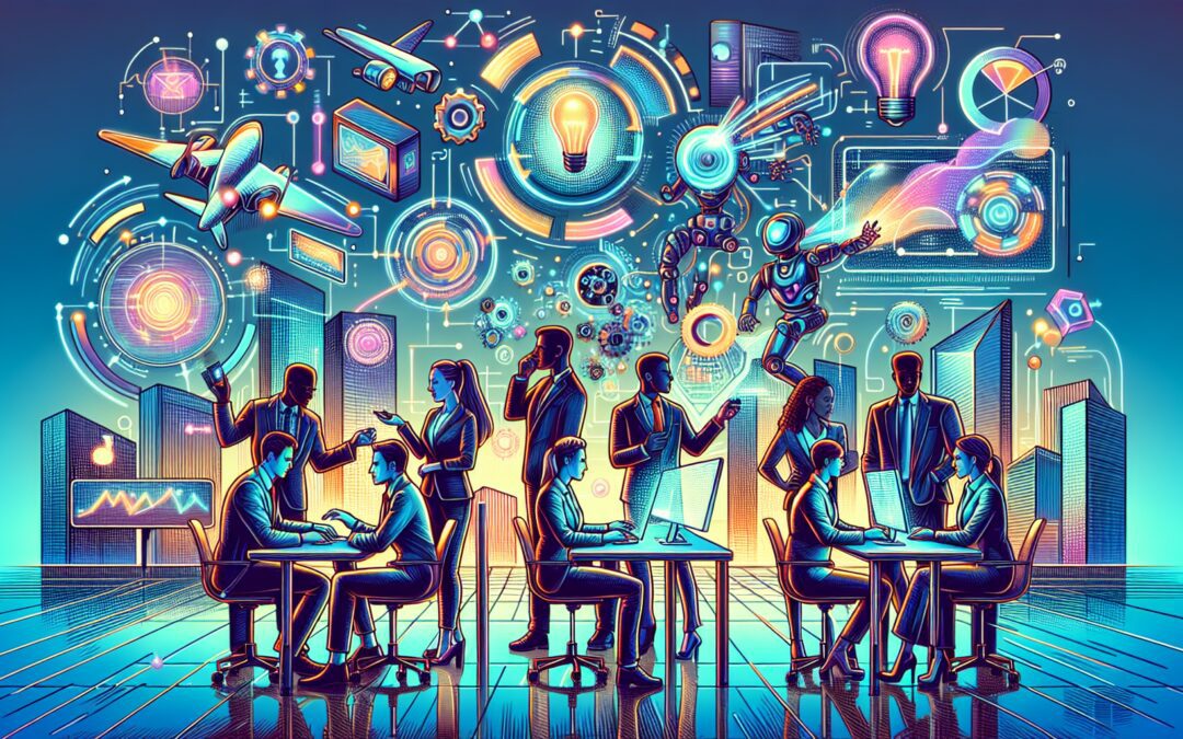 An imaginative office scene showing a group of diverse small business owners collaboratively using advanced, futuristic technology to solve problems, with visible holograms, efficient robots, and smar