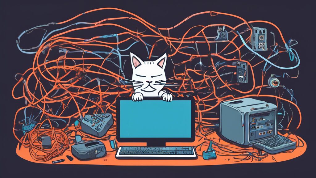 ## DALL-E Prompt Options for Troubleshooting 101: nn**Option 1 (Literal):** A frustrated person surrounded by tangled wires, broken electronics, and tools, with a confused expression. nn**Option 2 (Co