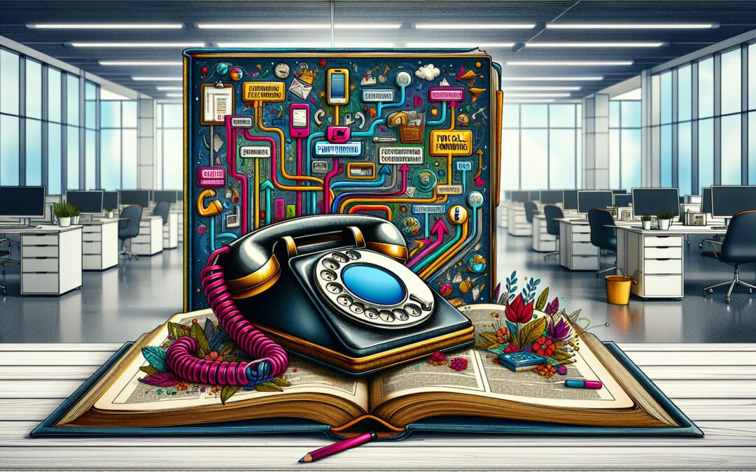 An intricate digital painting of a vintage telephone sitting atop an open book filled with colorful, illustrated step-by-step instructions on call forwarding, set against the backdrop of a modern offi