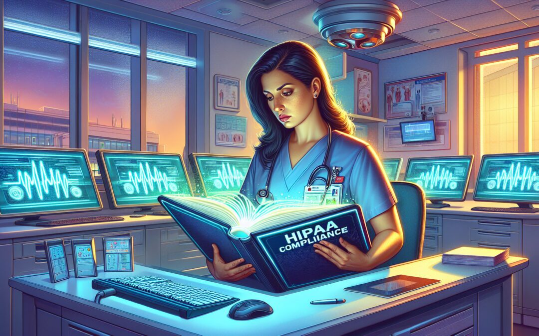 A digital illustration showing a concerned healthcare professional in a modern clinic office, reading through a large, glowing book labeled HIPAA Compliance. Around them are various medical devices wi