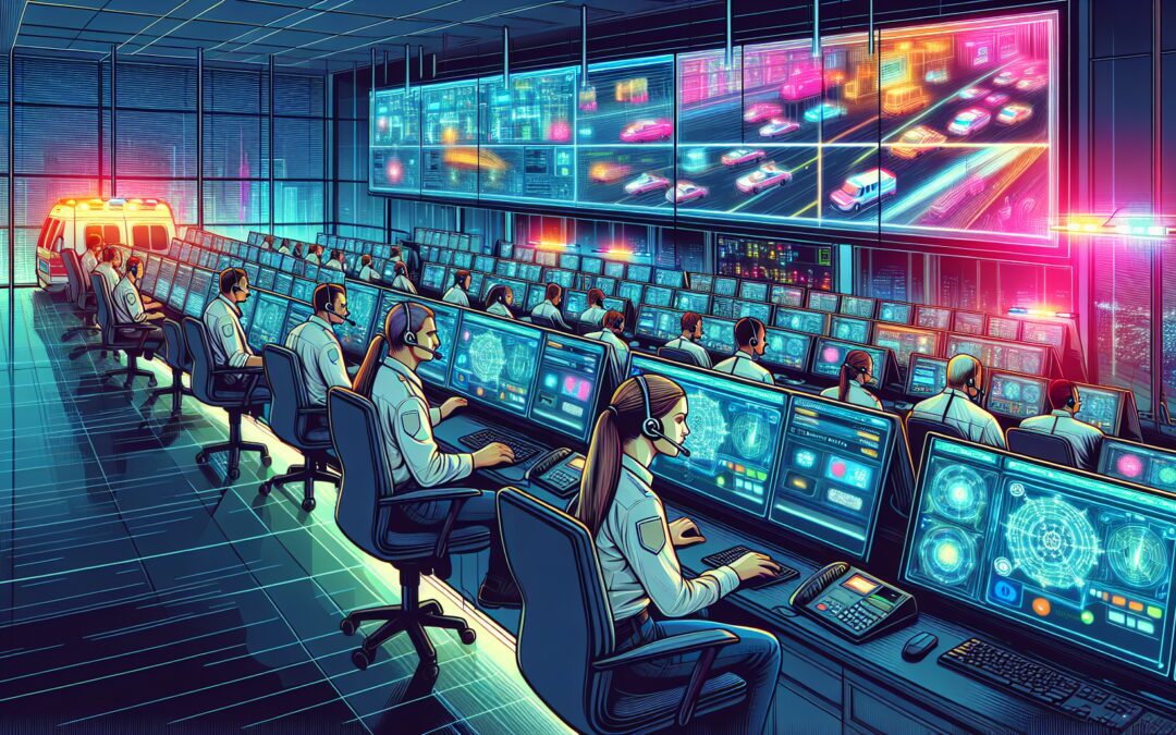 An intense, detailed digital artwork of a bustling emergency dispatch center, with operators wearing headsets, attentively monitoring multiple screens depicting various emergency scenarios, and swiftl