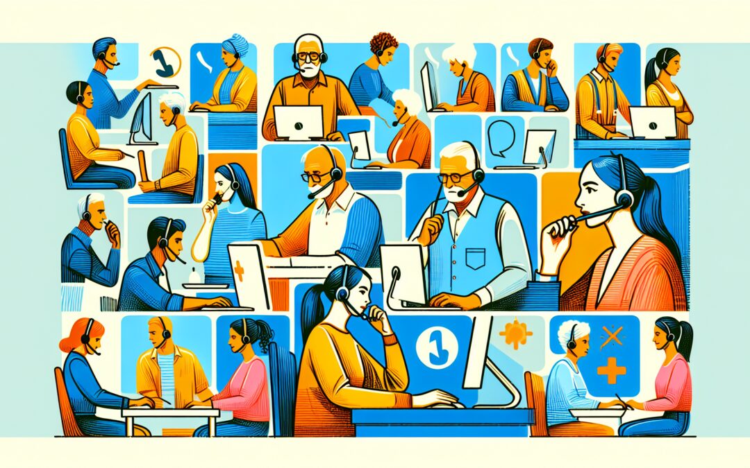 An illustration of a diverse group of people of different ages and ethnicities using phones and computers to access healthcare services, with visible healthcare hotline logos and friendly operators as