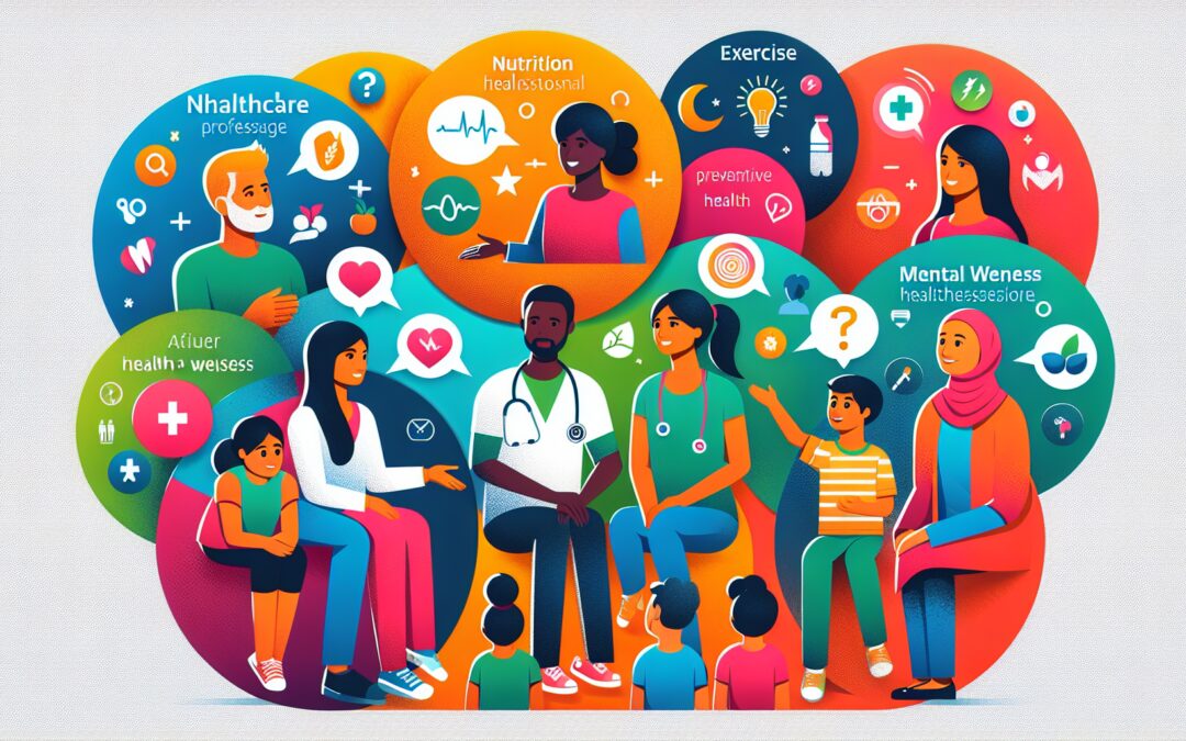 Create a vibrant and informative infographic depicting a diverse group of people asking and receiving answers to common health inquiries. Include visuals of common health topics like nutrition, exerci