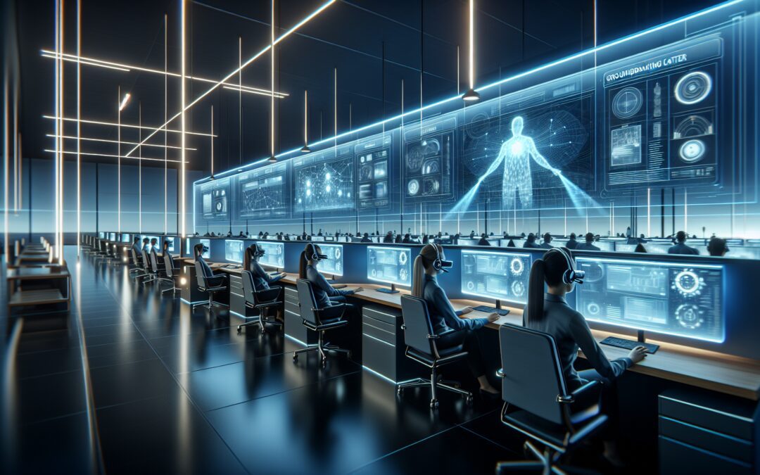 An ultra-modern call center with futuristic technology, showing operators wearing virtual reality headsets and interacting with advanced holographic displays in a sleek, high-tech environment with amb