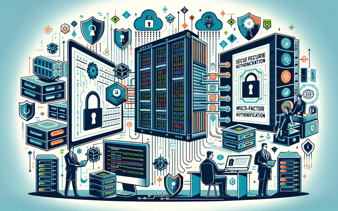 Create a detailed illustration that visualizes the concept of secure data handling in a modern, tech-savvy environment. Include elements such as data encryption, secure servers, multi-factor authentic