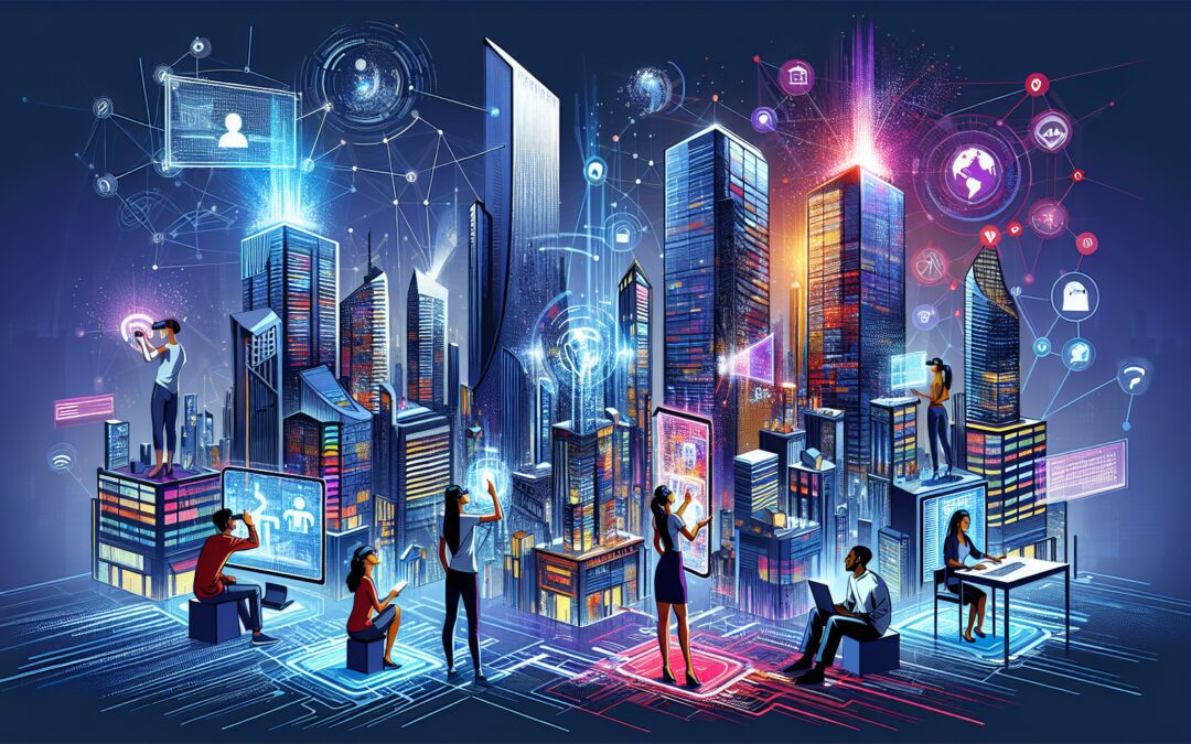 Create a futuristic cityscape showcasing advanced networking technology. Include skyscrapers with sleek, interconnected designs, holographic data streams flowing between buildings, and people engaged