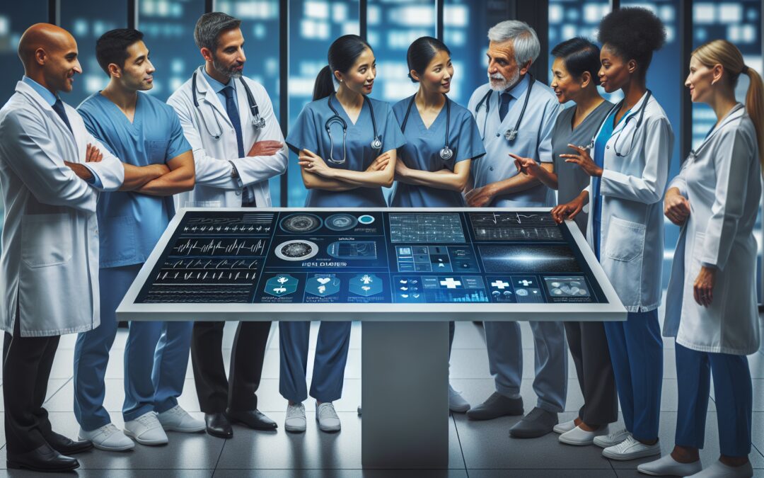 Create an image of a diverse medical team in a modern healthcare setting, engaging in a discussion around a large digital screen displaying patient data and care plans. Include doctors, nurses, and ot