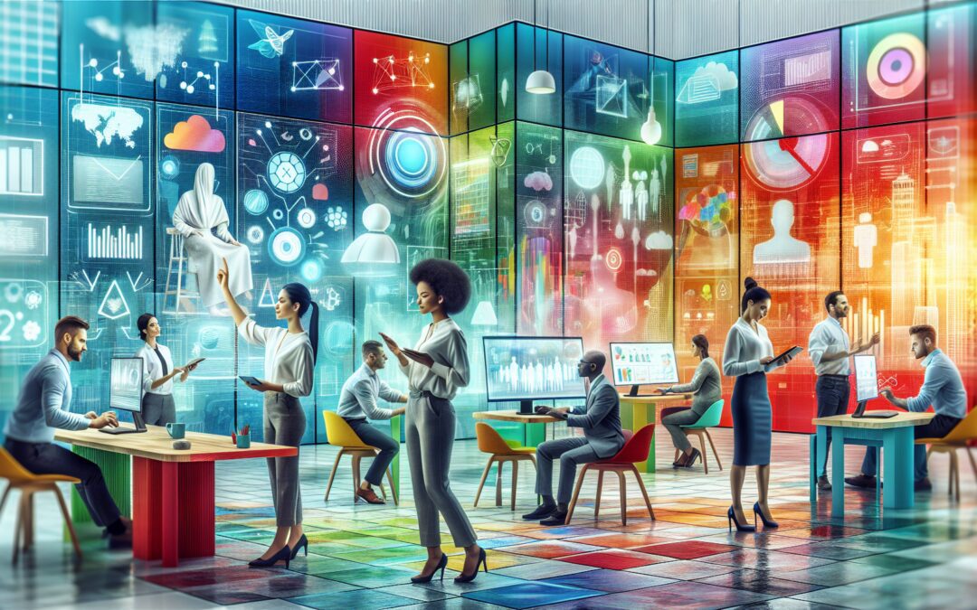 An artistically rendered, futuristic office space filled with diverse professionals engaged in communication through advanced technology like holograms and interactive displays, emphasizing a harmonio