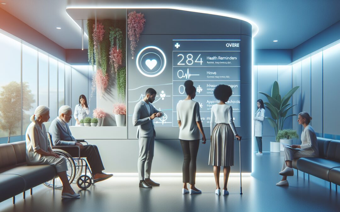 Create an image of a high-tech hospital waiting room with diverse patients interacting with a digital wall panel that displays personalized health reminders and appointment schedules. The panel should