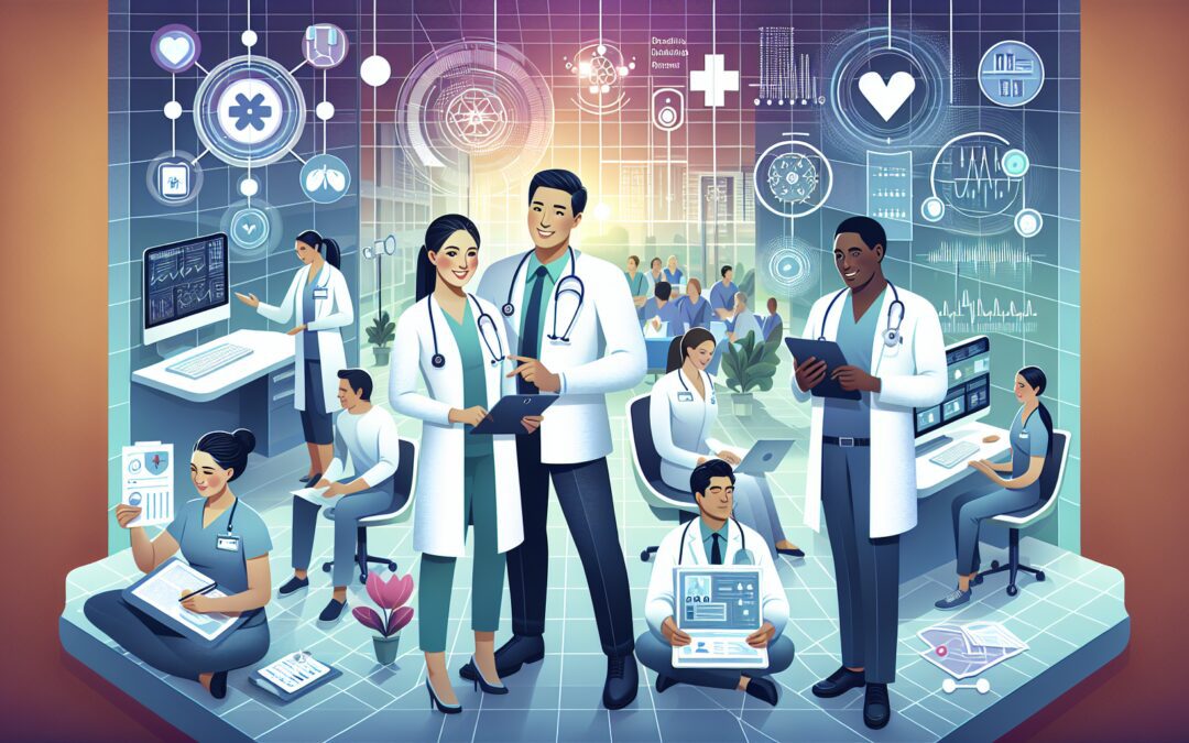 Create an image illustrating a modern hospital scene with diverse healthcare professionals collaborating seamlessly. Show doctors, nurses, and administrative staff using advanced technology like table