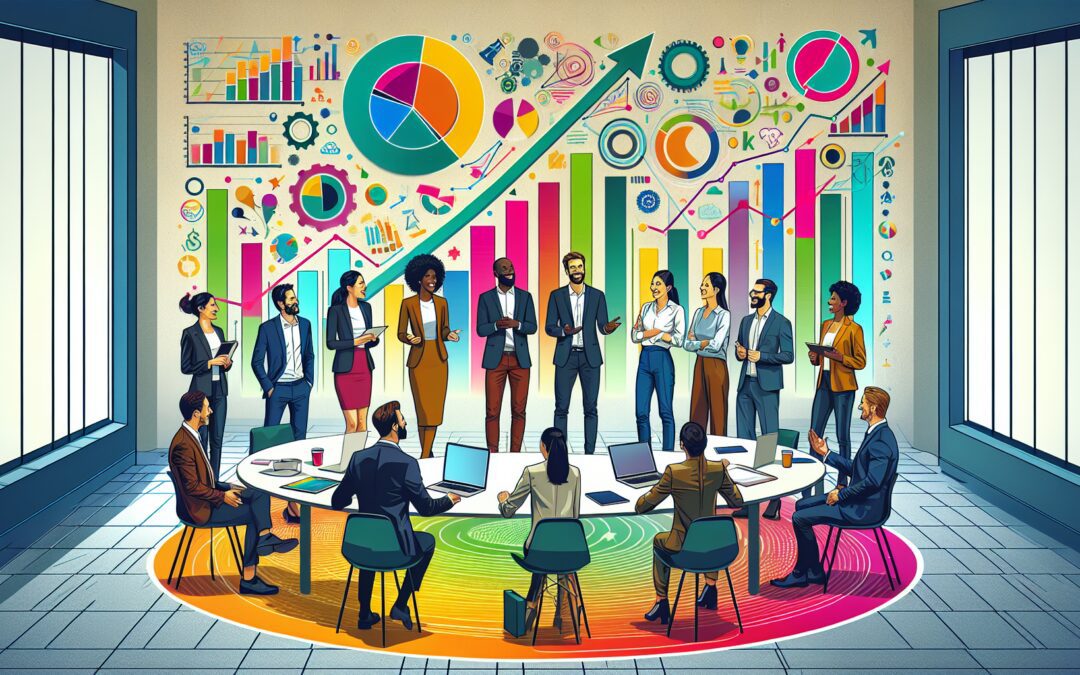 A vibrant and engaging digital artwork depicting a diverse group of smiling business professionals standing in a semi-circle, shaking hands and exchanging ideas over a round table filled with laptops,