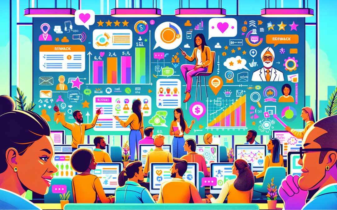 Create an illustration showcasing effective strategies for customer retention. In the image, depict a bustling modern office with employees at their desks, actively engaging with various technologies.