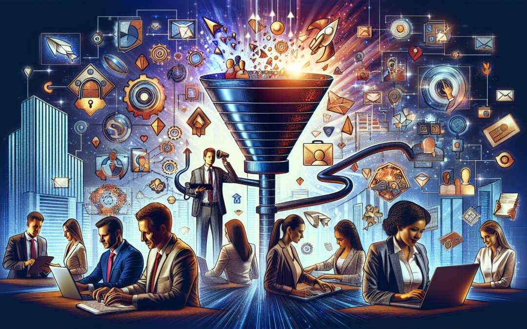 Digital illustration of a vibrant and active business environment, featuring a diverse group of professionals using high-tech devices and tools to enhance a large, funnel-shaped structure, which is vi