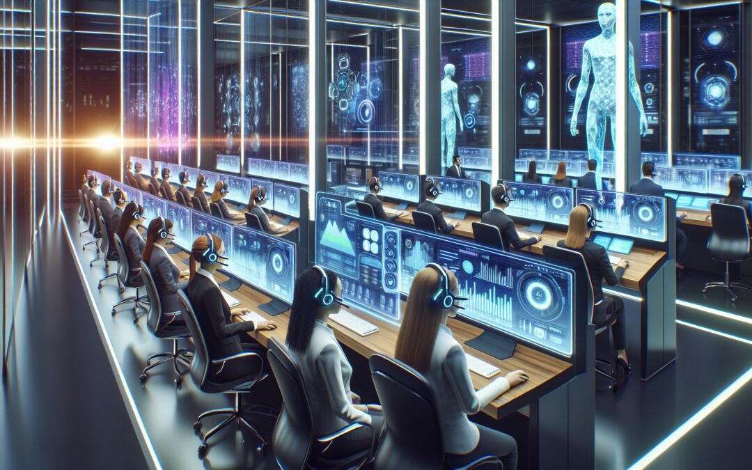 A futuristic call center with a diverse team of operators using advanced virtual reality headsets and multiple holographic screens showing data analysis and customer interaction, in a sleek, modern of