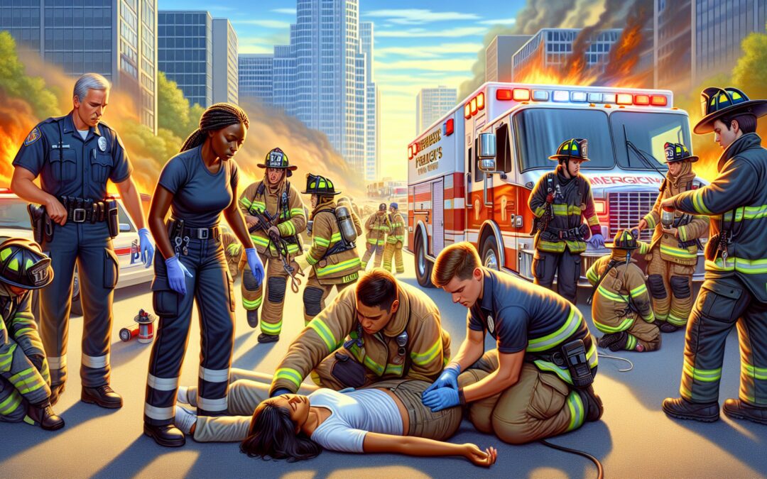 Create an image that depicts an organized emergency response scene with various first responders taking action. Include paramedics attending to an injured person, firefighters handling a small buildin