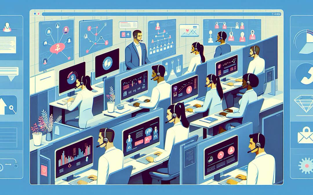 Create a high-resolution illustration of a modern call center with diverse agents efficiently managing multiple customer service calls. Show a variety of devices such as traditional phones, computers