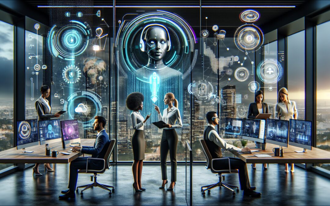 A futuristic office setting illustrating seamless communication between humans and advanced voice response systems, with diverse professionals effortlessly interacting with intelligent voice-activated