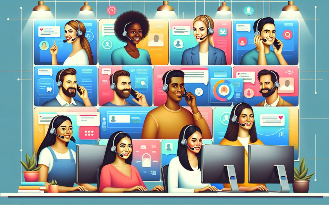 Create an image that depicts a vibrant, modern customer service center with agents interacting through various channels such as phone, email, chat, social media, and video calls. Showcase a diverse te