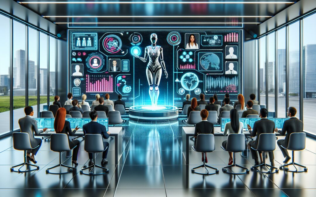 Create a futuristic scene in a sleek, modern office environment where a virtual assistant interacts with a diverse group of clients through holographic displays. The virtual assistant should be sophis