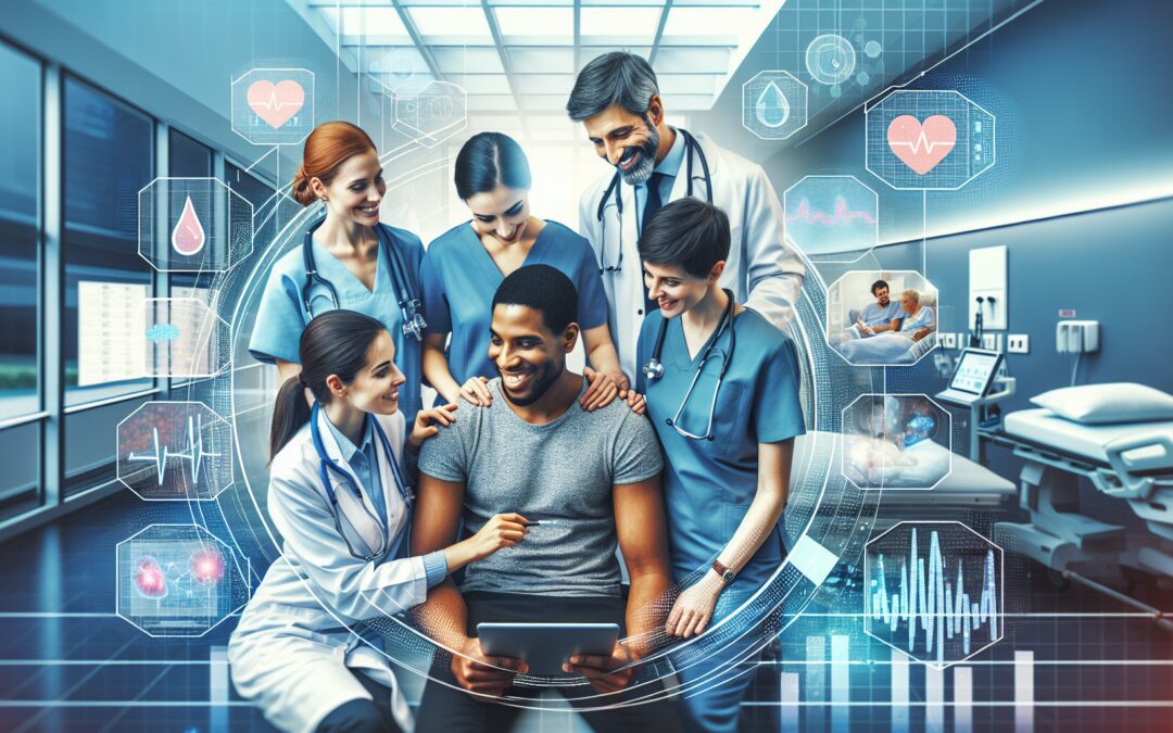 Create an image depicting a diverse team of healthcare professionals, including doctors, nurses, and specialists, collaborating around a patient in a modern medical facility. Show the use of advanced