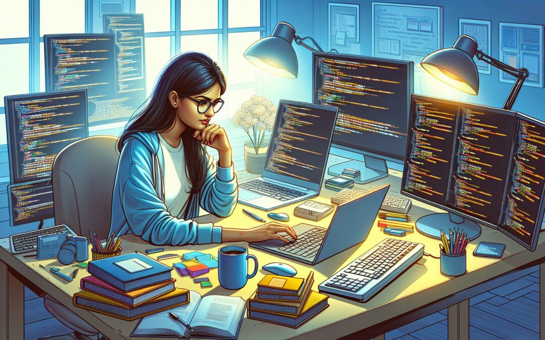 A busy software developer sitting at a large, cluttered desk, surrounded by multiple screens displaying lines of code, as they thoughtfully write a custom script on a laptop; soft sunlight filters thr