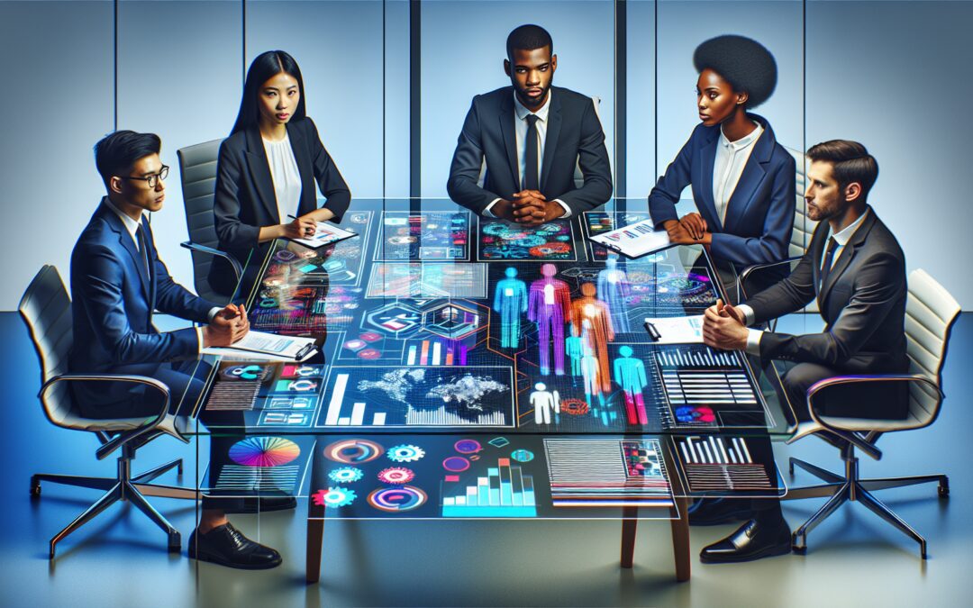 A sleek, modern office setting with a diverse group of professionals (Asian, African, Caucasian) seated around a glass table, intently discussing documents and digital displays that show graphs and ch