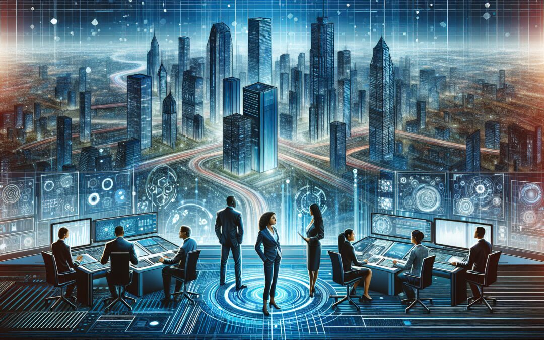 An intricate digital artwork depicting a thriving futuristic cityscape with resilient infrastructure, symbolizing business continuity. The scene includes diverse professionals collaborating over advan