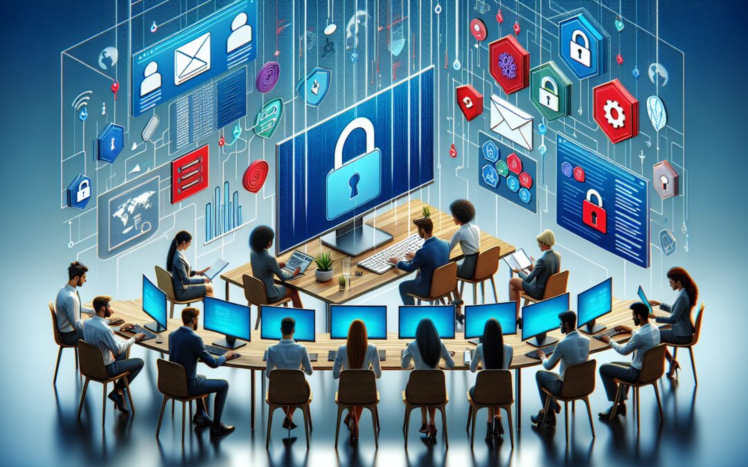 Create an image depicting a high-tech office environment focused on data security. Show employees implementing best practices for data confidentiality, such as strong password use, encryption software