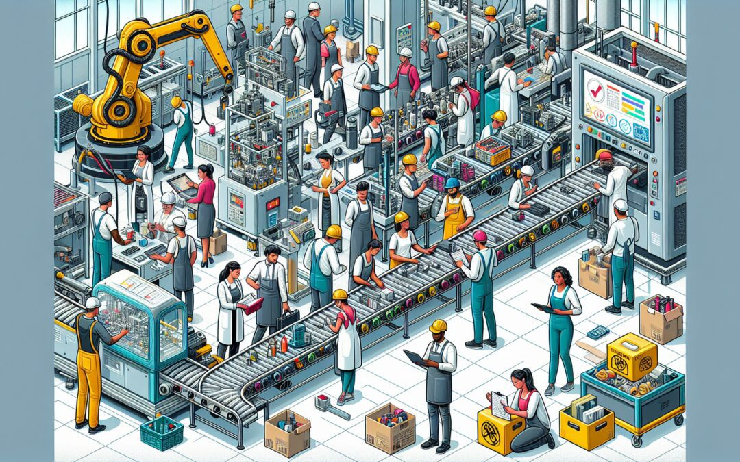 Create an image of a modern factory with workers and automated machines meticulously inspecting products on a conveyor belt, symbolizing rigorous quality control. Incorporate checklists, magnifying gl