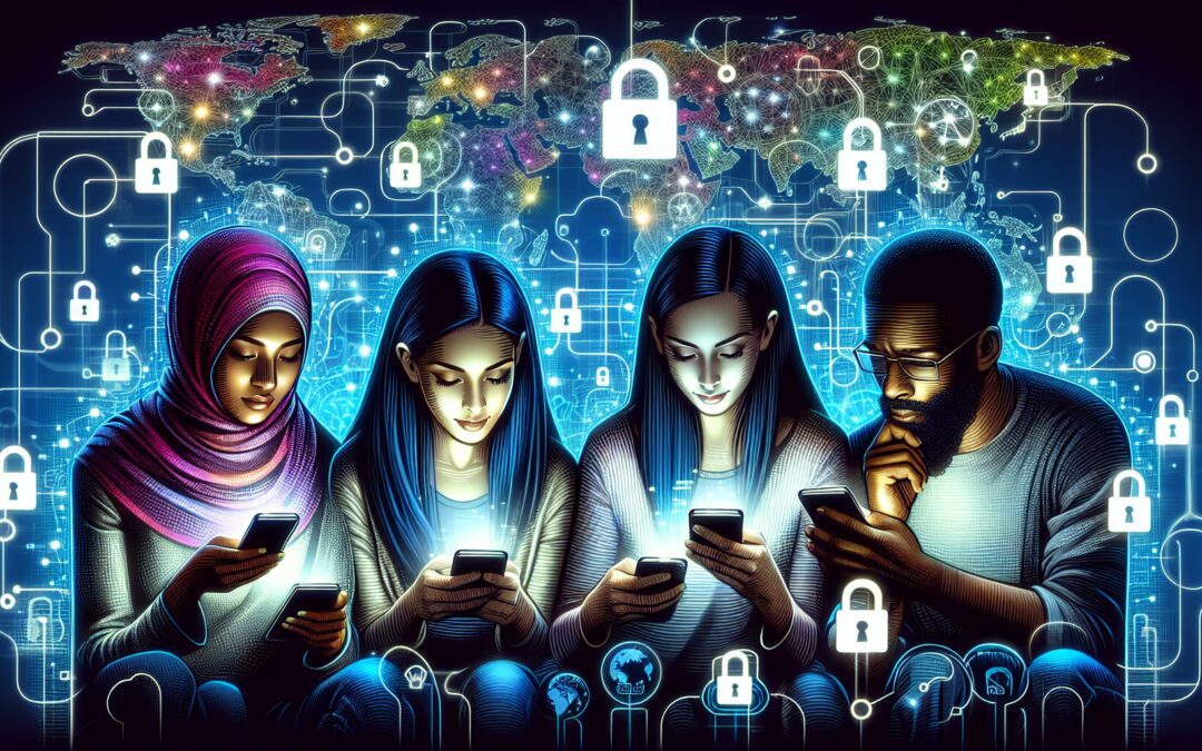 An intricate digital illustration showing a diverse group of people using their smartphones to send encrypted text messages, surrounded by symbols of security like locks and keys, set against a backdr