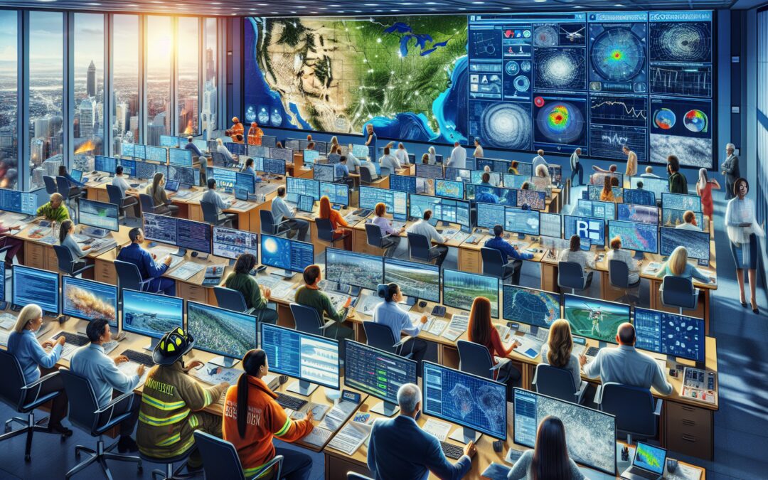 A digital painting of a detailed and organized emergency operations center filled with diverse professionals coordinating a disaster recovery response. The room is equipped with advanced technology an