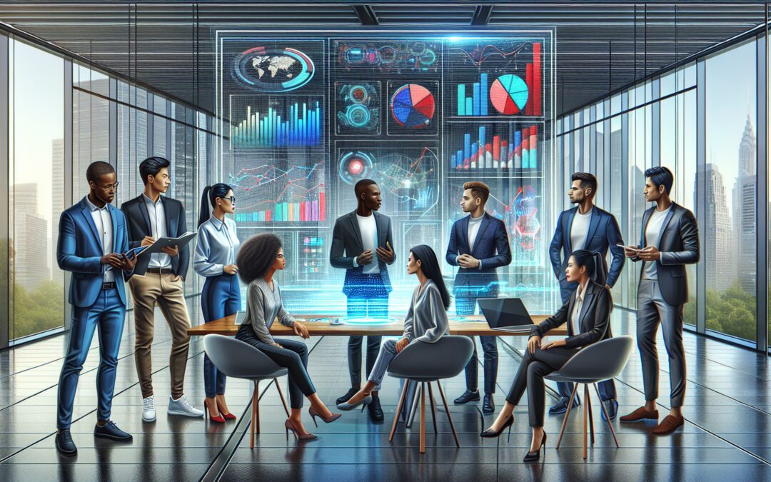 A digital painting of a diverse group of professional people around a large, futuristic holographic display showing graphs and analytics, engaged in a strategic meeting in a sleek, modern office setti