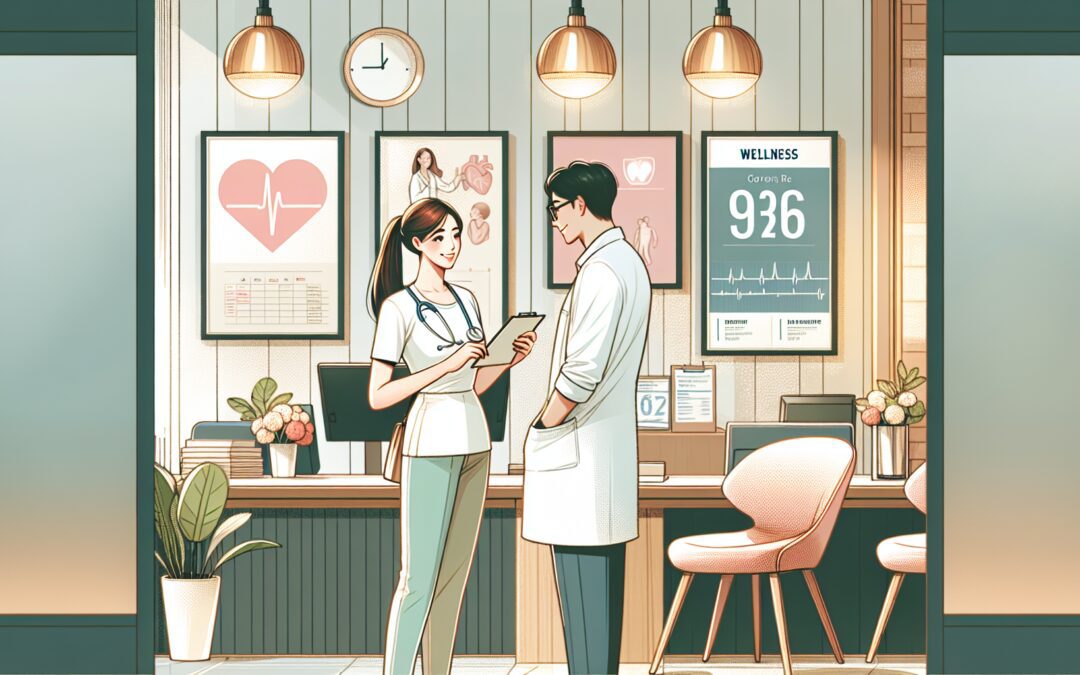 Create an image of a warm, inviting clinic reception area with a caring nurse holding a checklist and speaking to a grateful, smiling patient. Include a calming color scheme with soft lighting and sub