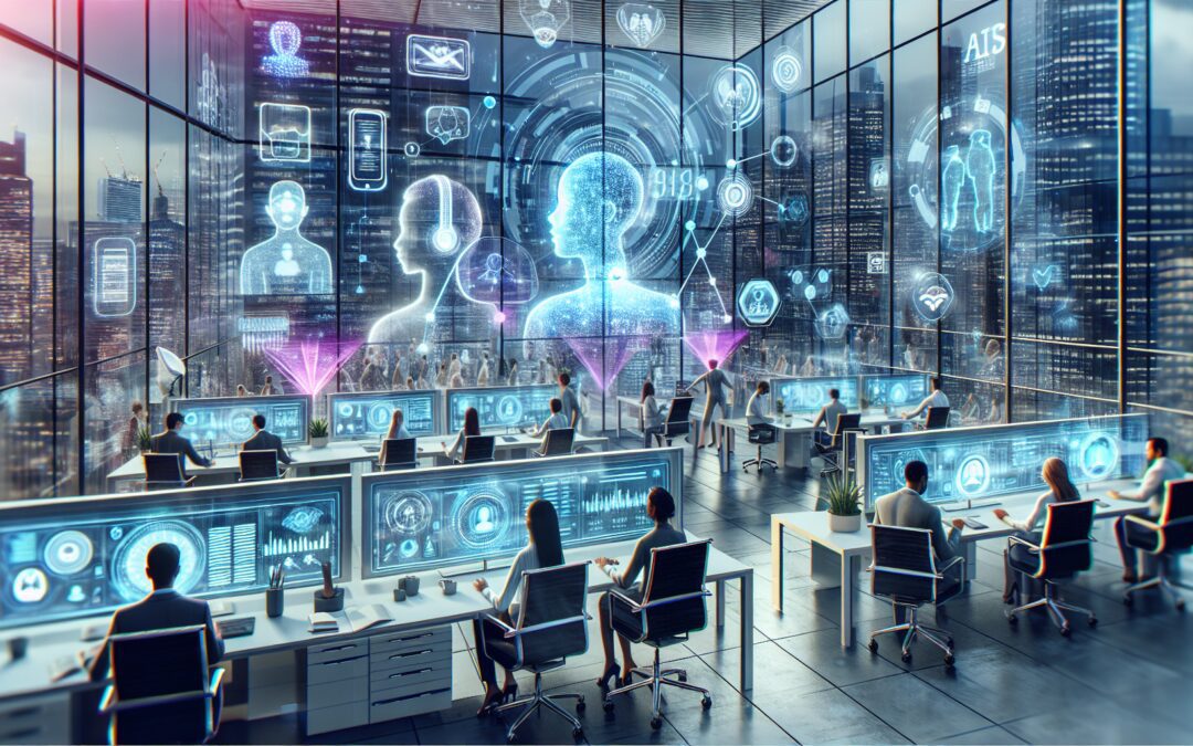 Create an image depicting a futuristic office filled with advanced telephony devices and technologies. Show holographic communication, smart voice assistants, and employees interacting with transparen