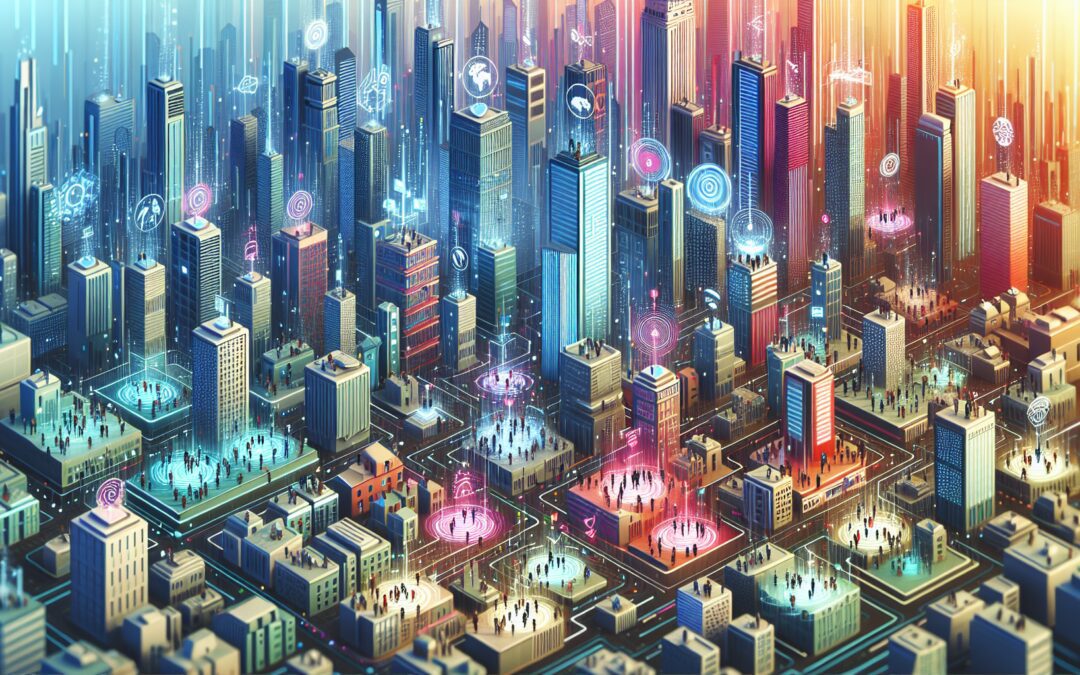 Digital illustration of a futuristic city with scalable skyscrapers, each representing a different service, interconnected by glowing data streams, with diverse people using devices and technology int