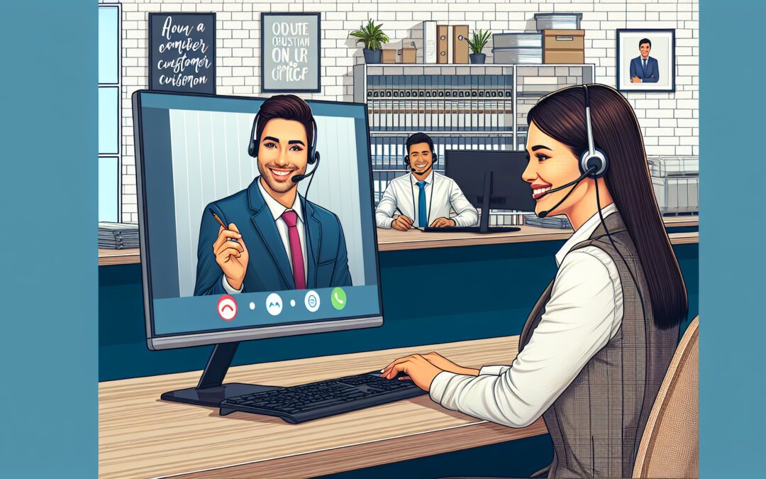 Create an image of a customer service representative at a desk, wearing a headset, and smiling as they interact with a customer on a computer screen. The background should include a well-organized off