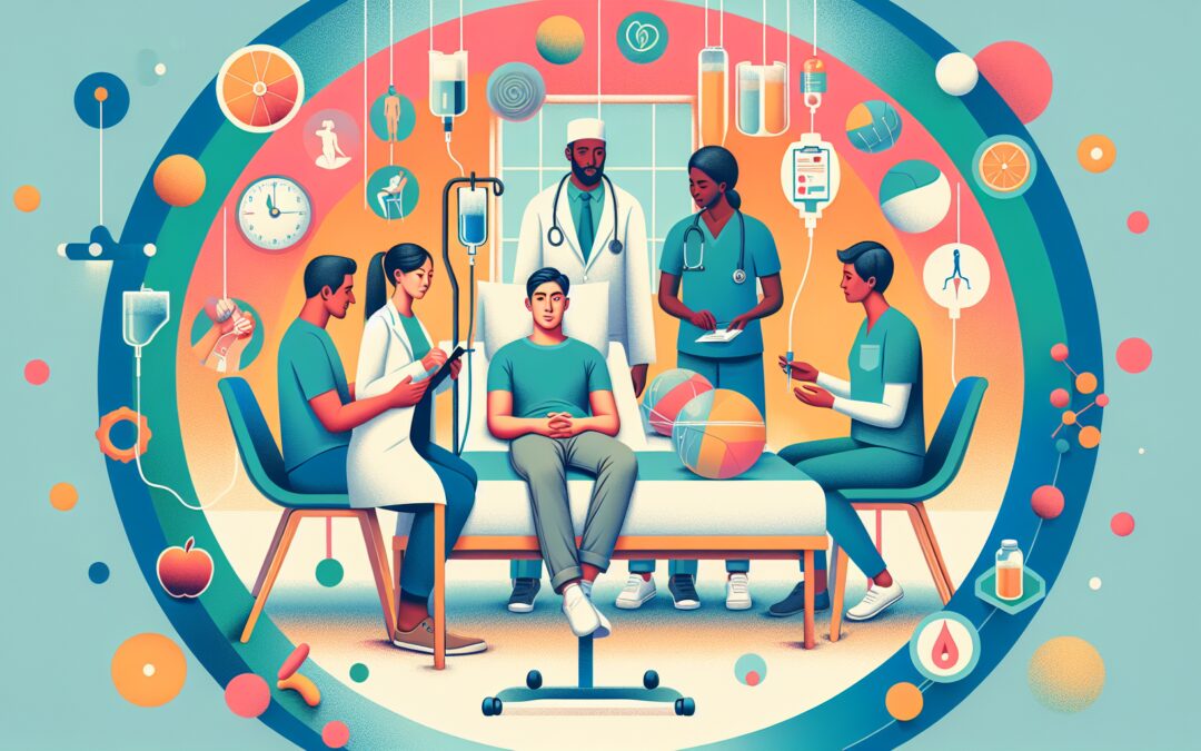 Create an image depicting a patient receiving holistic care from a diverse team of healthcare professionals. Show a serene, well-lit room with a patient at the center, surrounded by a doctor, nurse, p