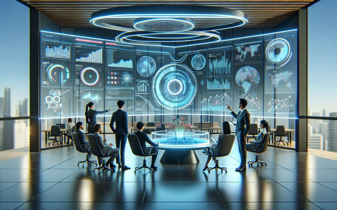 A futuristic office space with a large, transparent holographic display showing a complex, customizable data dashboard. The environment is well-lit with minimalist design, including sleek, modern furn