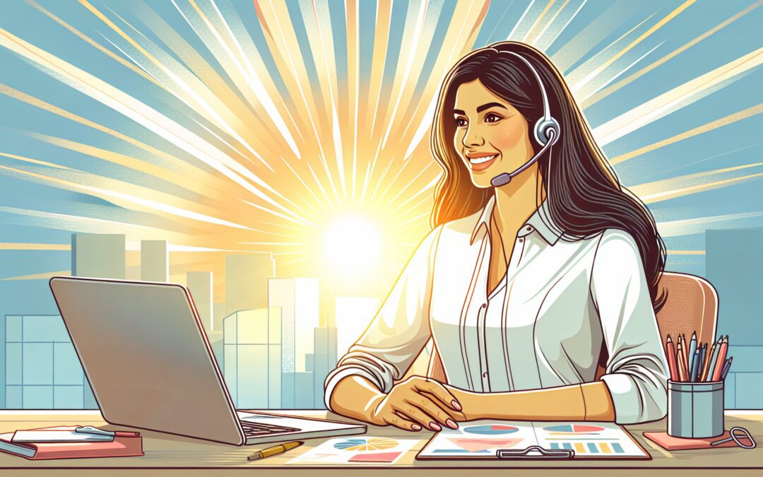 An image of a friendly, professional woman wearing a headset, sitting at a stylish office desk surrounded by notes and a laptop, actively engaged in a pleasant follow-up call with a sunlit cityscape i