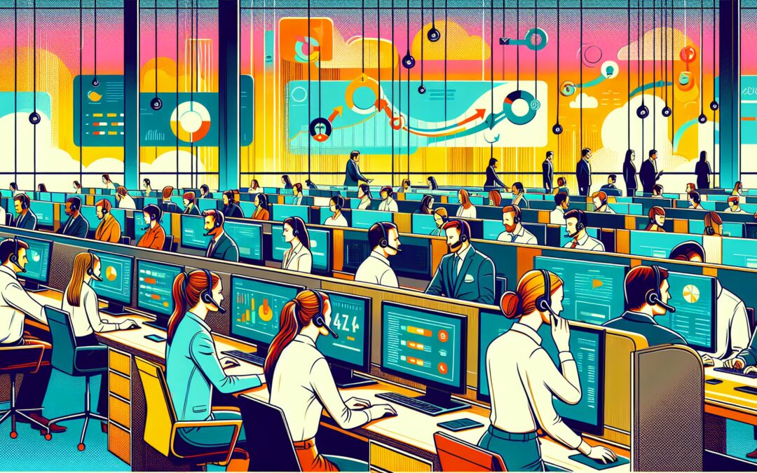 An artistic depiction of a bustling corporate office with diverse professionals wearing headsets, deeply focused on making outbound calls. The scene should be vibrant and dynamic, illustrating a moder